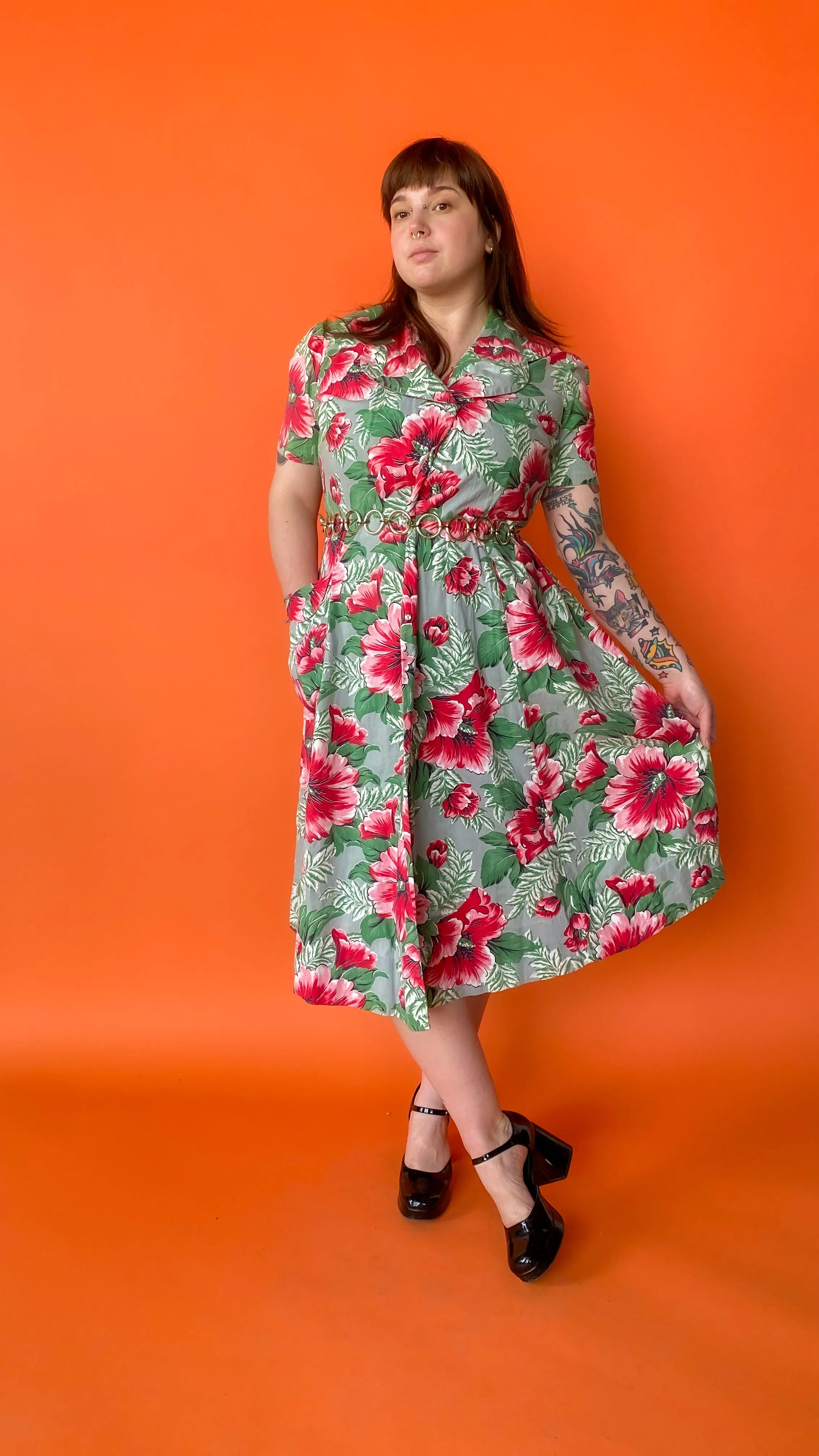 1940s Tropical Florals Wrap Dress, sz. Extra Large