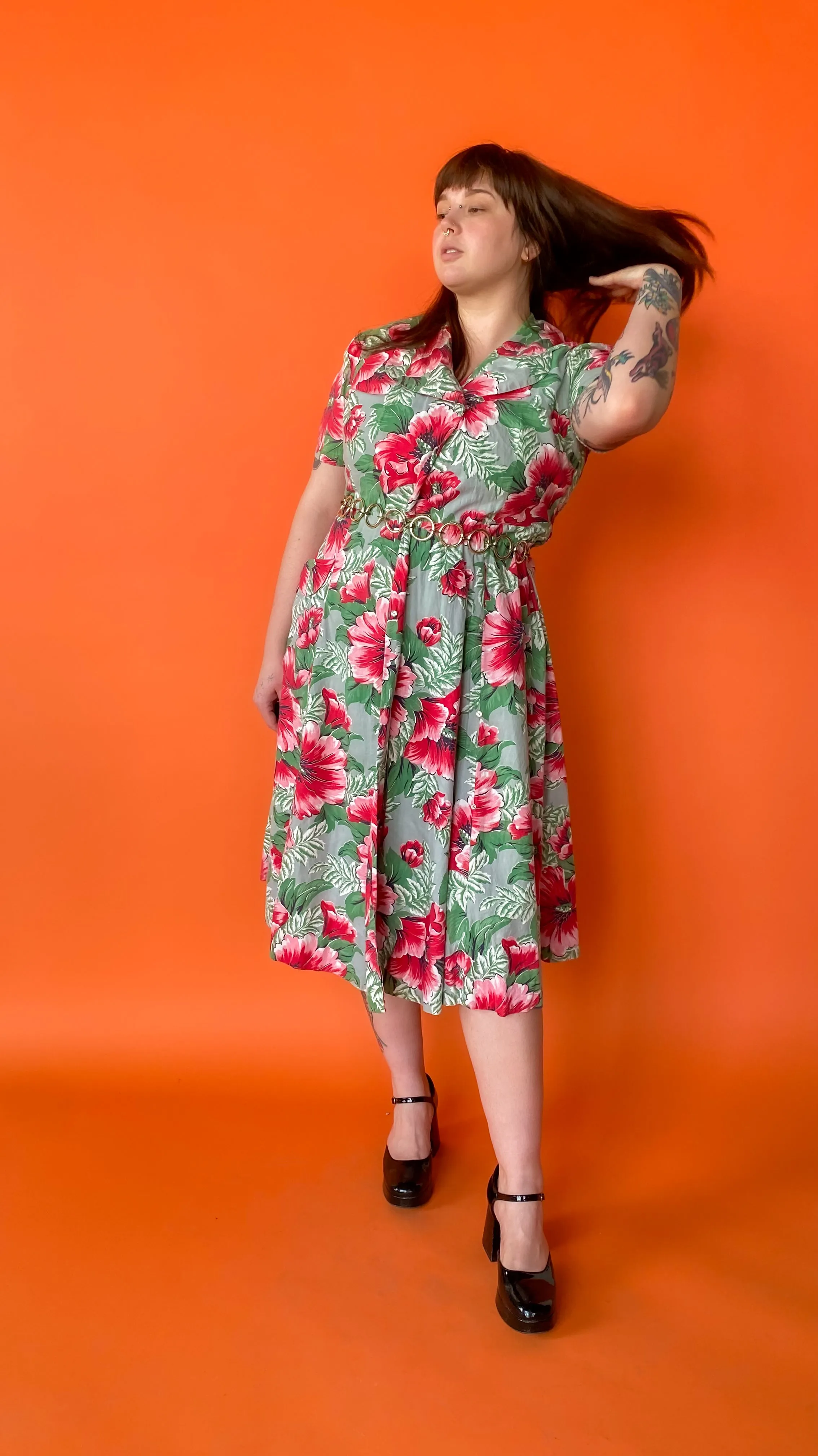 1940s Tropical Florals Wrap Dress, sz. Extra Large