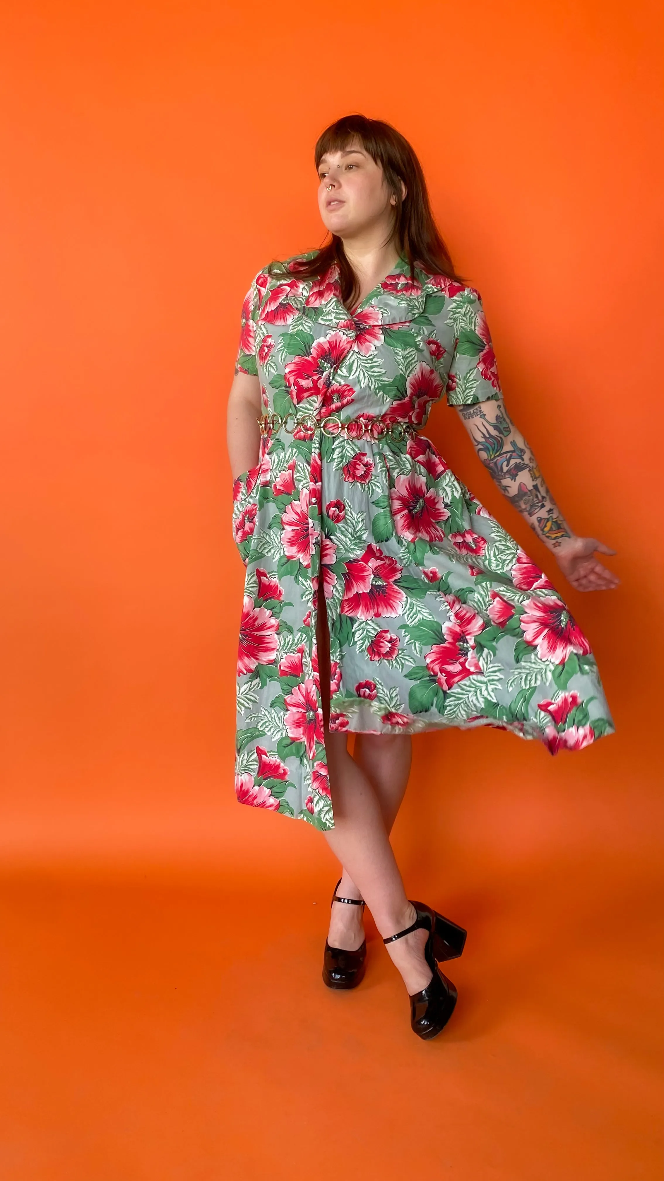 1940s Tropical Florals Wrap Dress, sz. Extra Large