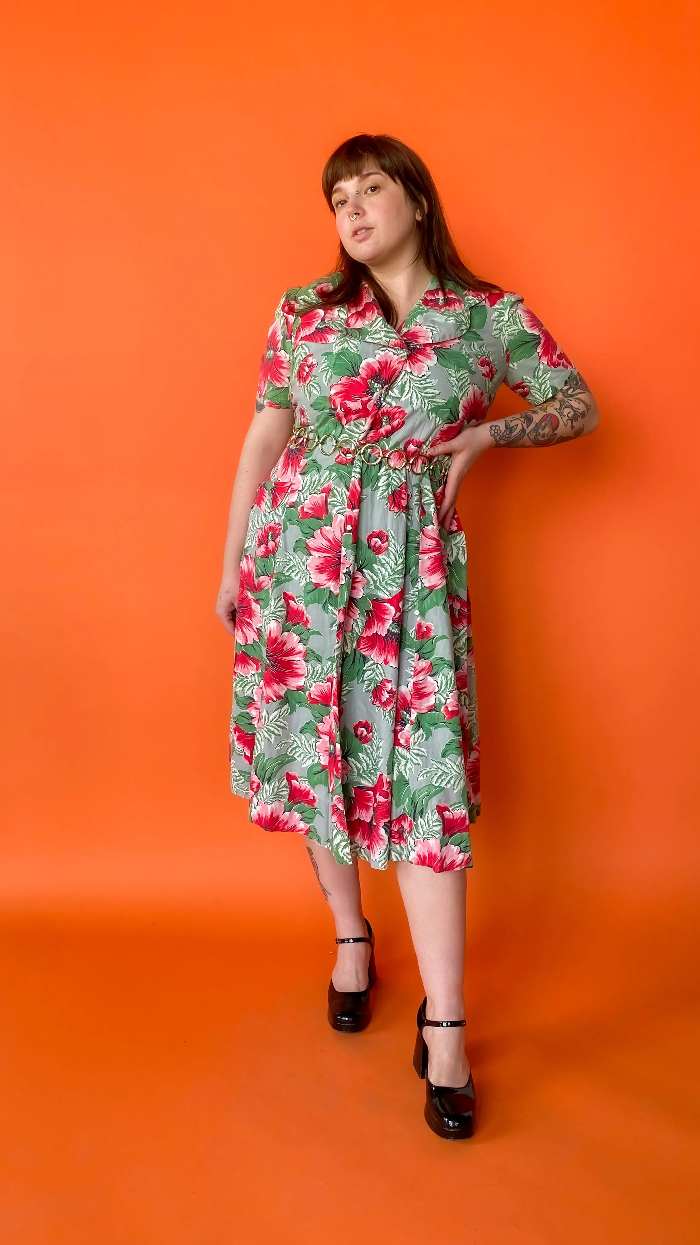 1940s Tropical Florals Wrap Dress, sz. Extra Large