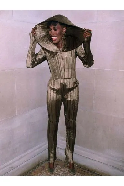 1989 Issey Miyake Metallic Gold Pleated Origami Tails Sculpted Dress Set