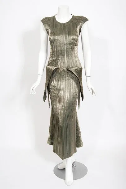 1989 Issey Miyake Metallic Gold Pleated Origami Tails Sculpted Dress Set