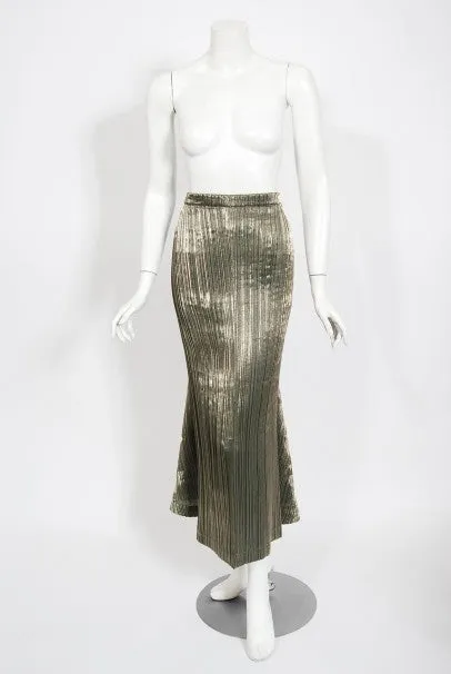 1989 Issey Miyake Metallic Gold Pleated Origami Tails Sculpted Dress Set