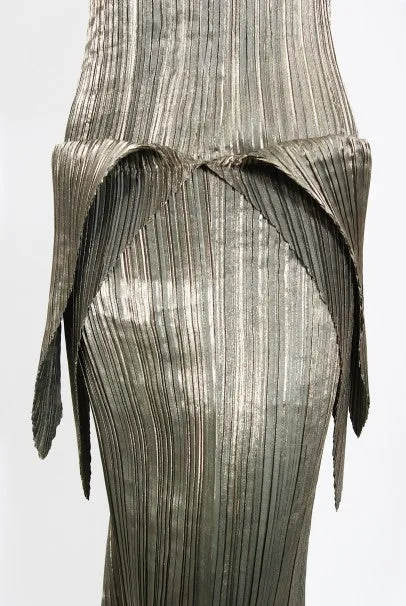 1989 Issey Miyake Metallic Gold Pleated Origami Tails Sculpted Dress Set