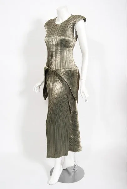 1989 Issey Miyake Metallic Gold Pleated Origami Tails Sculpted Dress Set