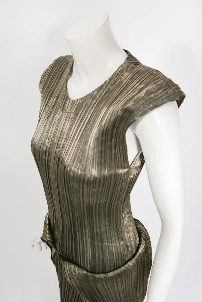 1989 Issey Miyake Metallic Gold Pleated Origami Tails Sculpted Dress Set