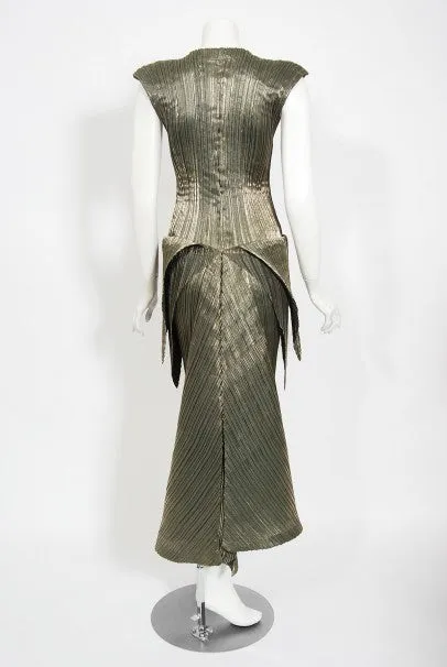 1989 Issey Miyake Metallic Gold Pleated Origami Tails Sculpted Dress Set