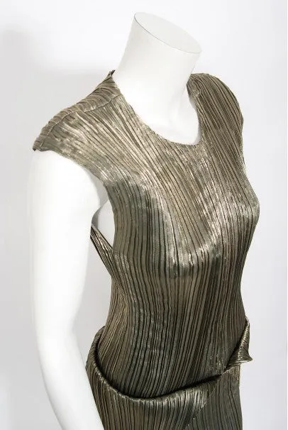 1989 Issey Miyake Metallic Gold Pleated Origami Tails Sculpted Dress Set