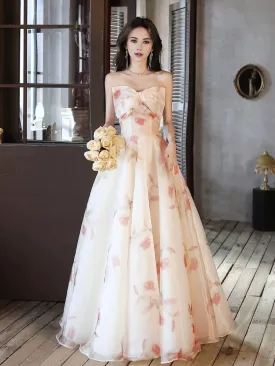 A-Line Champagne Long Prom Dress Tulle Floral Print Dress