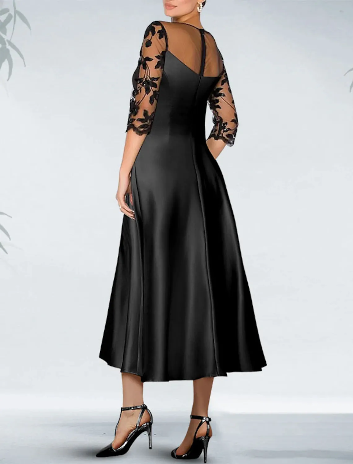 A-Line Cocktail Black Dress Plus Size Appliques Elegant Dress Fall Wedding Guest Dress For Mother Knee Length 3/4 Length Sleeve Off Shoulder Pocket Satin with Beading Pocket