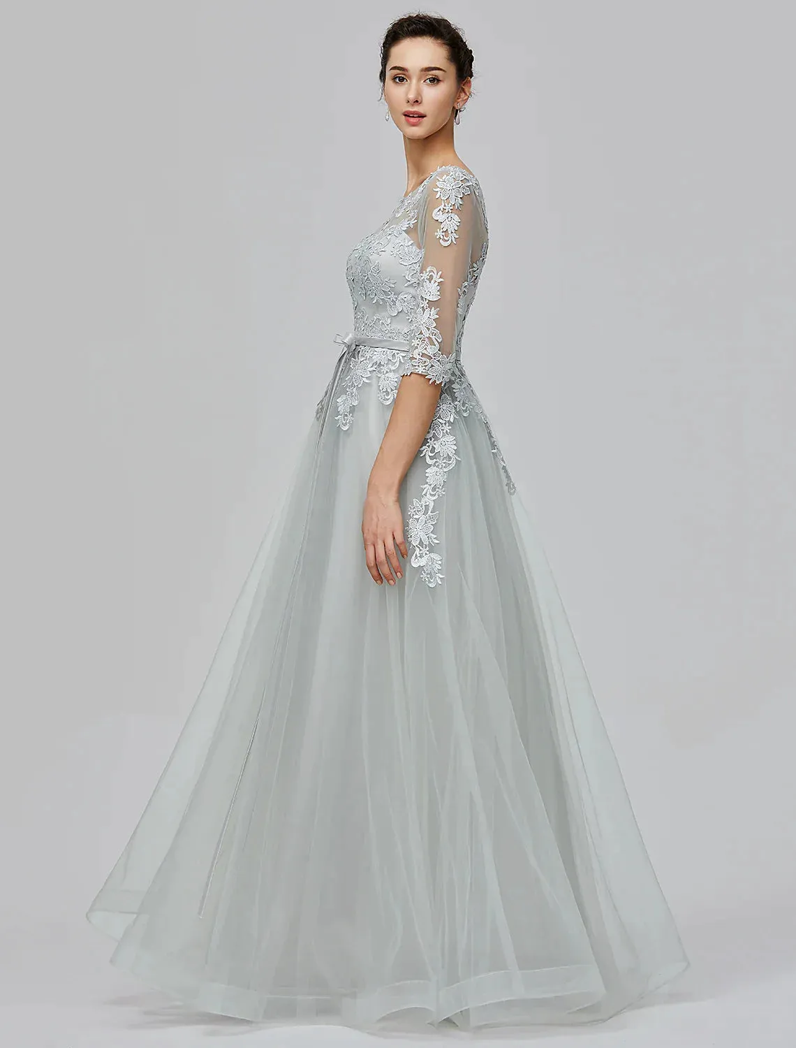 A-Line Dress Wedding Guest Floor Length Half Sleeve Tulle with Bow(s) Appliques