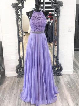 A Line Halter Neck Purple Lace Prom with Belt, Lilac Lace Formal, Purple Evening