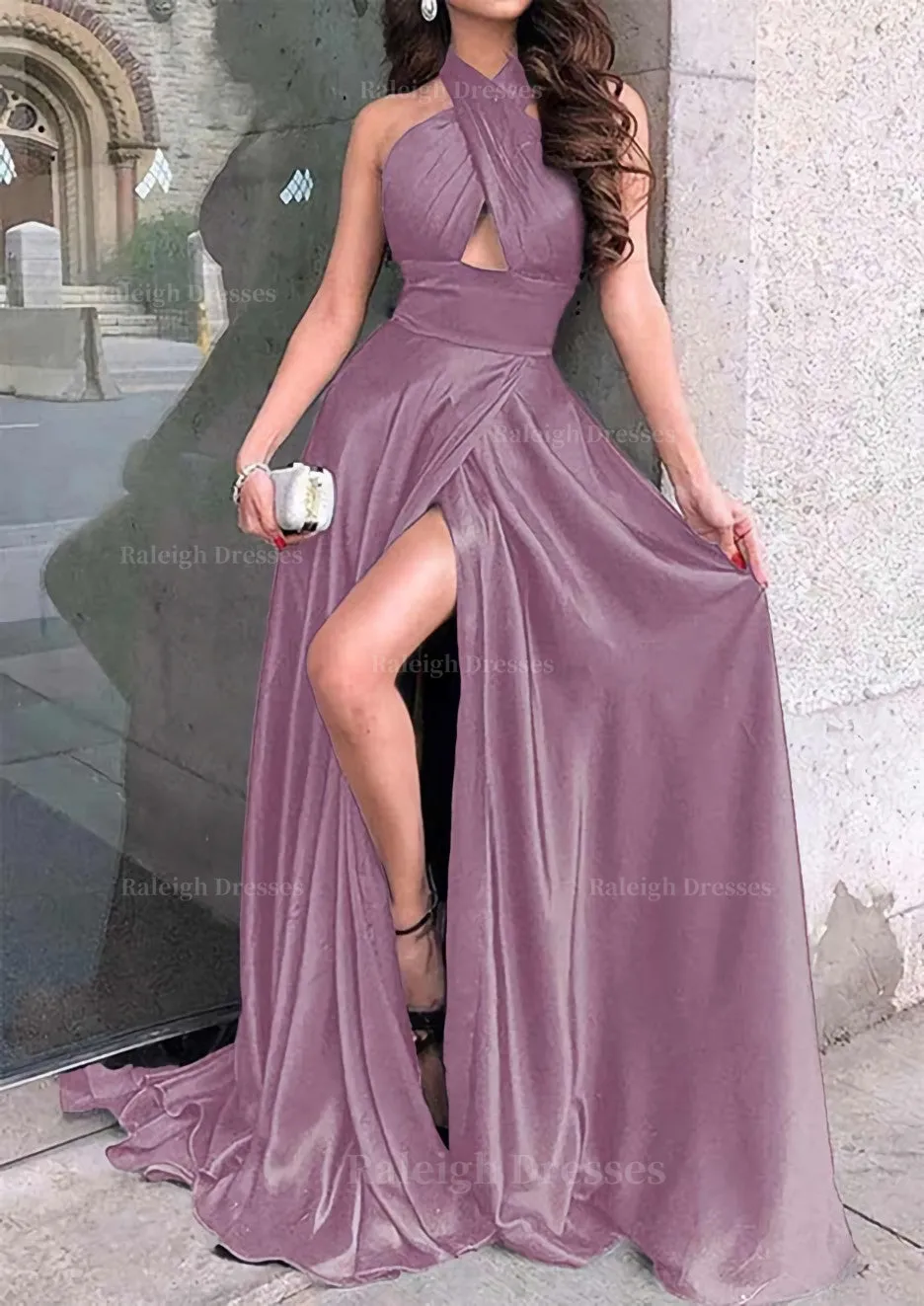 A-line Halter Sleeveless Long/Floor-Length Charmeuse Prom Dress With Split