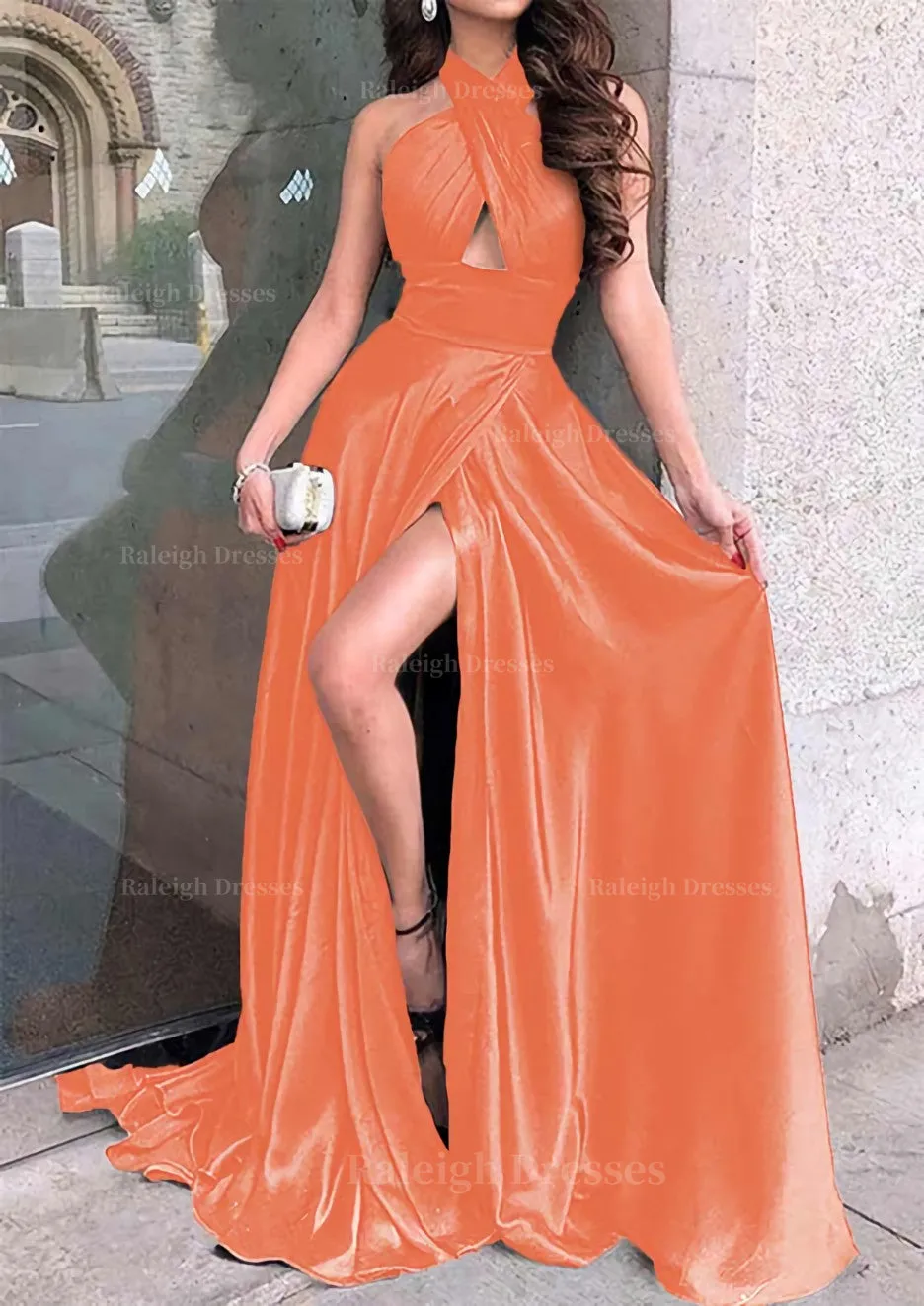 A-line Halter Sleeveless Long/Floor-Length Charmeuse Prom Dress With Split