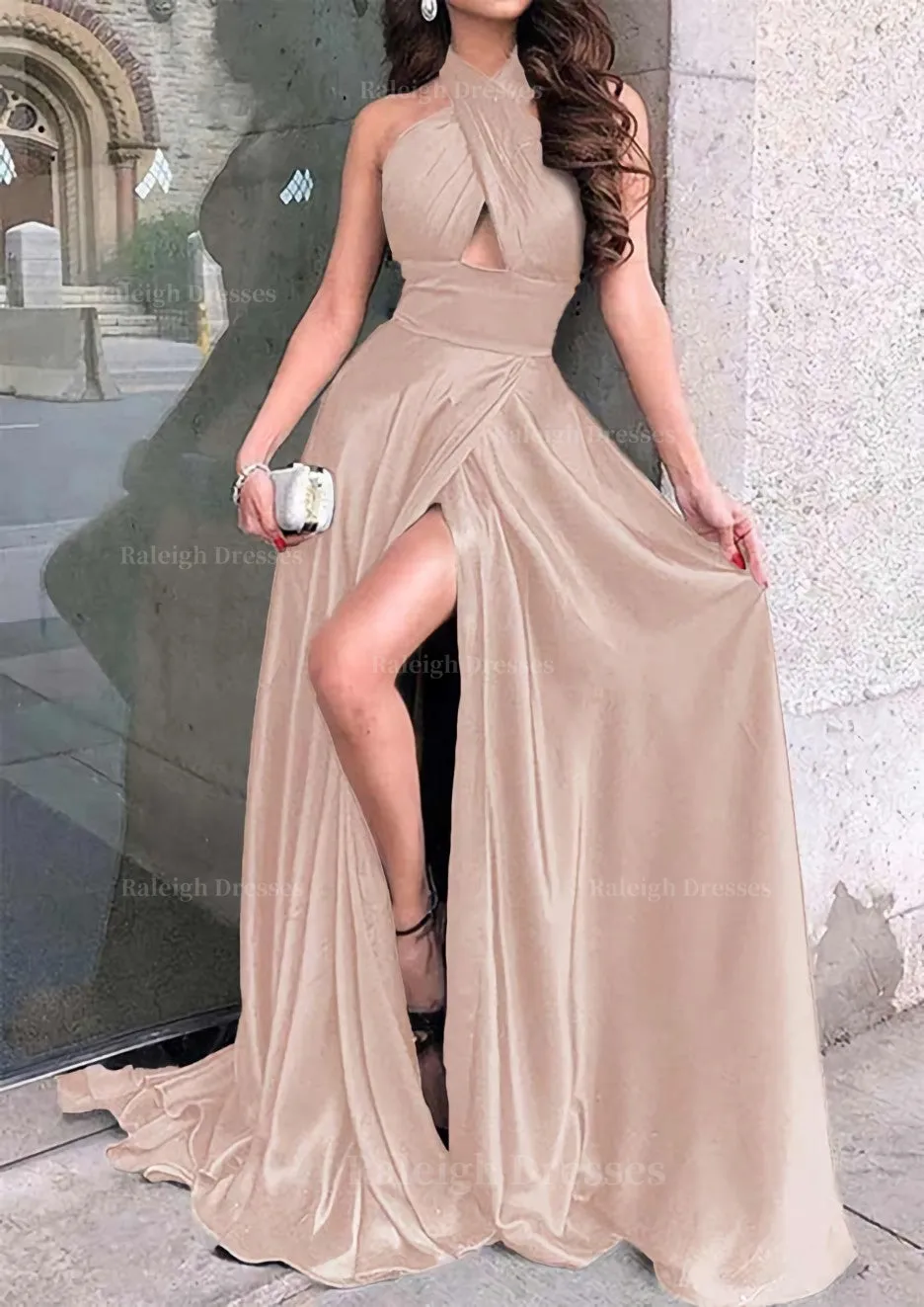 A-line Halter Sleeveless Long/Floor-Length Charmeuse Prom Dress With Split