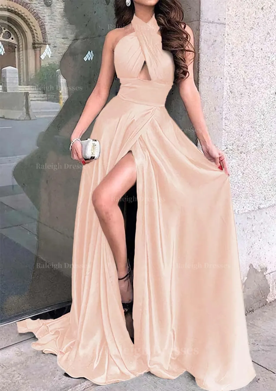 A-line Halter Sleeveless Long/Floor-Length Charmeuse Prom Dress With Split