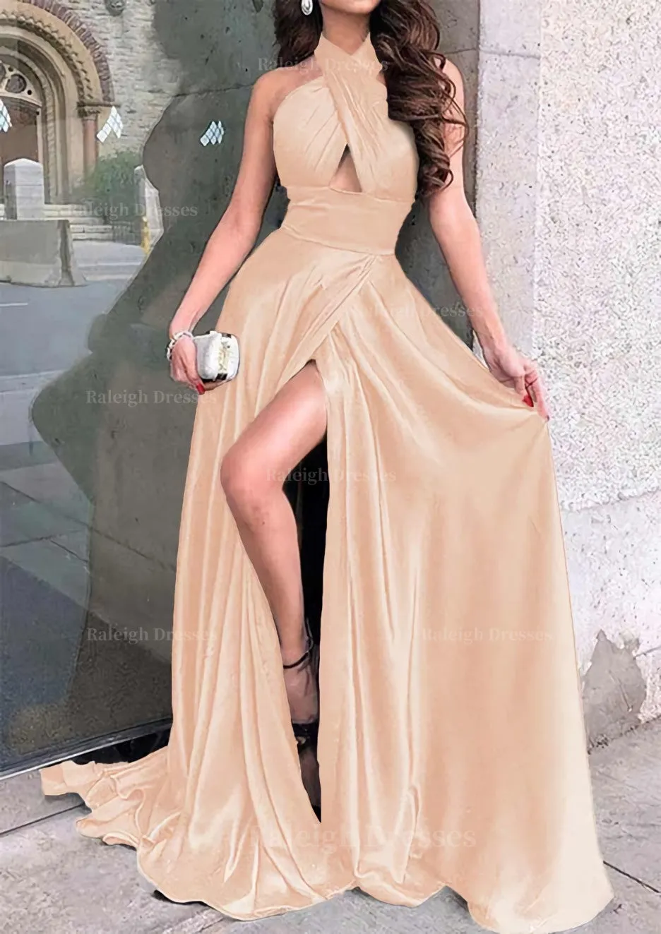 A-line Halter Sleeveless Long/Floor-Length Charmeuse Prom Dress With Split