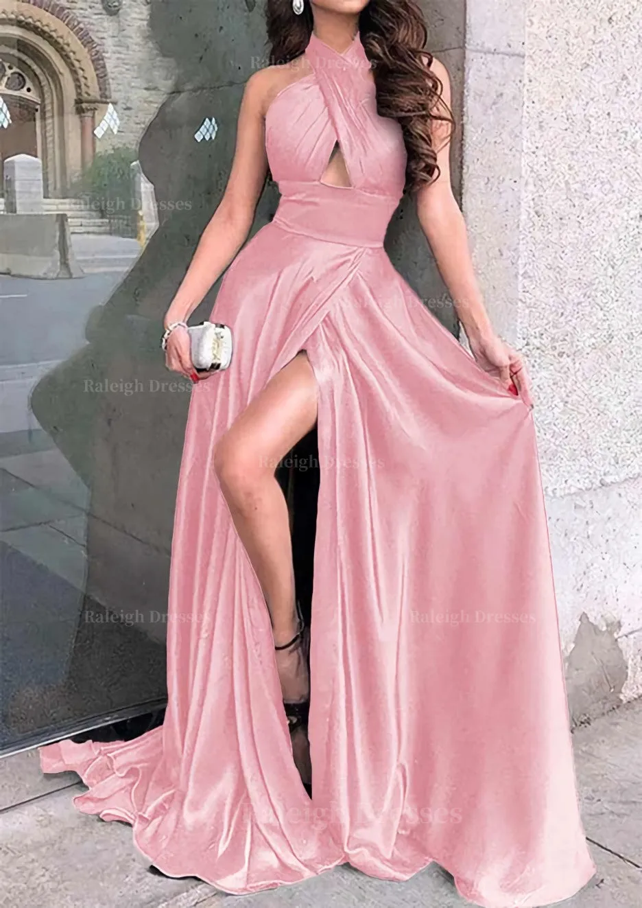 A-line Halter Sleeveless Long/Floor-Length Charmeuse Prom Dress With Split