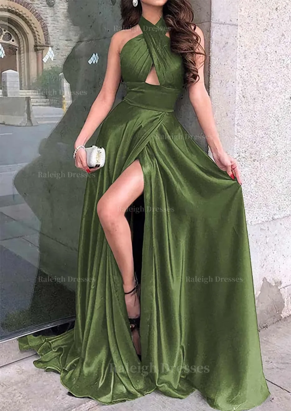 A-line Halter Sleeveless Long/Floor-Length Charmeuse Prom Dress With Split