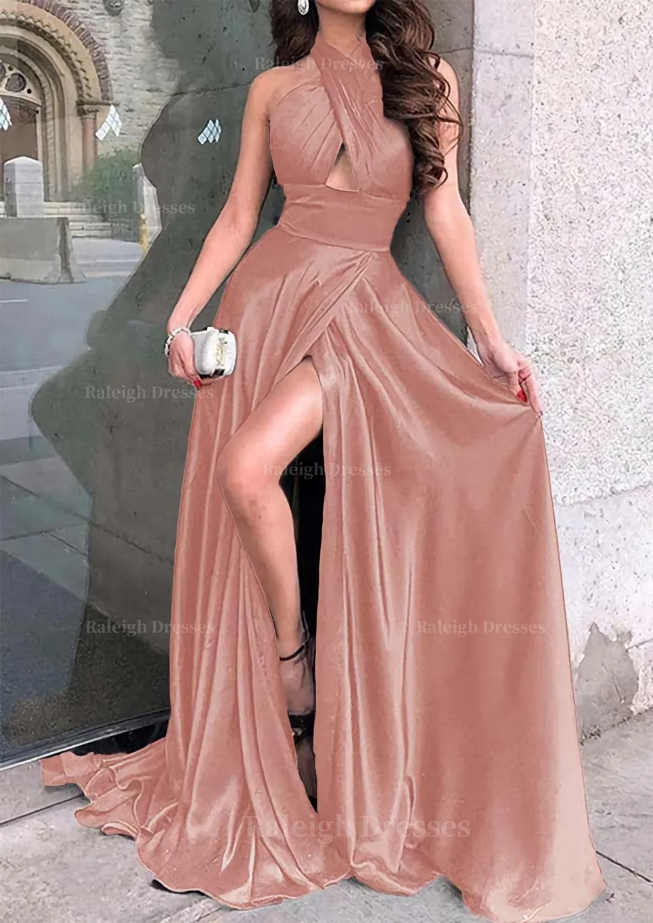 A-line Halter Sleeveless Long/Floor-Length Charmeuse Prom Dress With Split