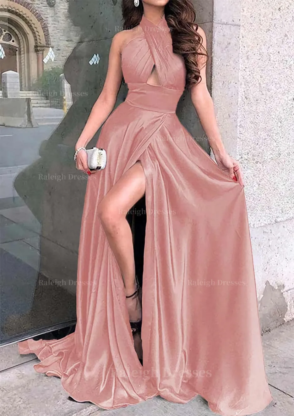 A-line Halter Sleeveless Long/Floor-Length Charmeuse Prom Dress With Split