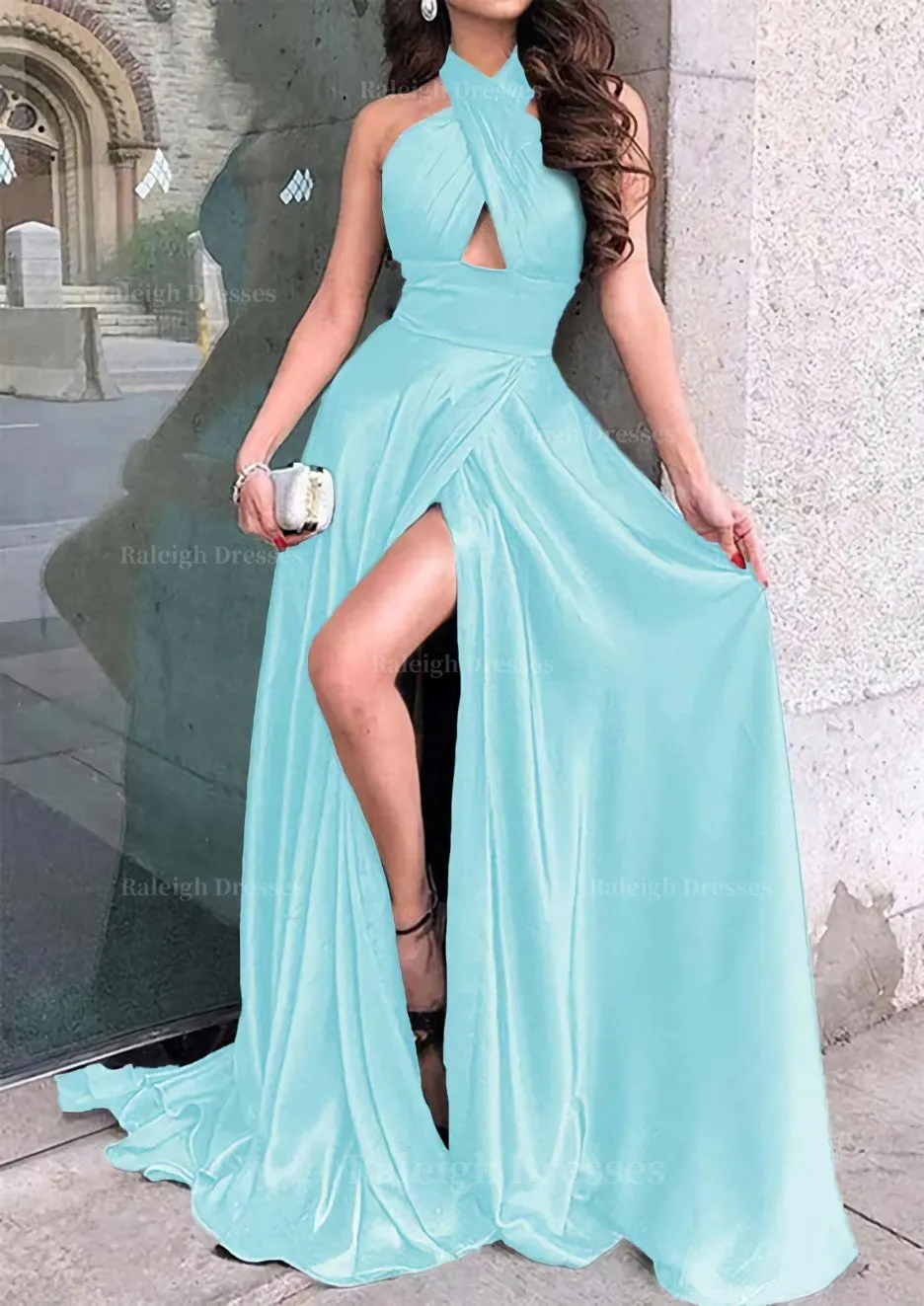 A-line Halter Sleeveless Long/Floor-Length Charmeuse Prom Dress With Split