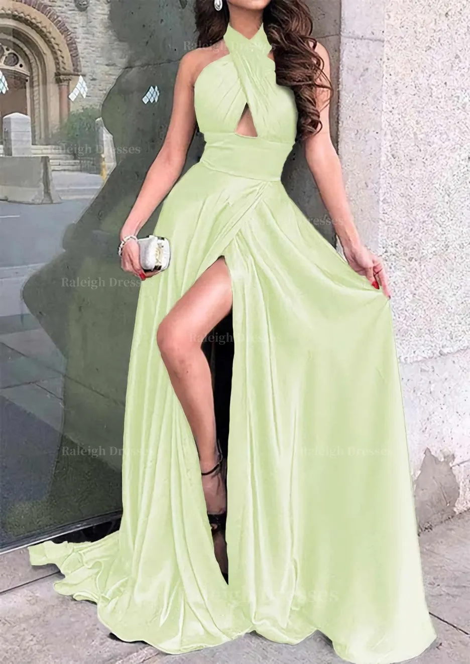 A-line Halter Sleeveless Long/Floor-Length Charmeuse Prom Dress With Split