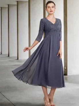 A-Line Mother of the Bride Dress Plus Size Elegant V Neck Tea Length Chiffon Lace  Length Sleeve with Ruffles Appliques