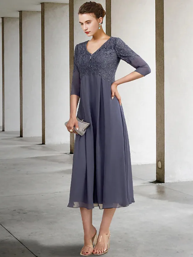 A-Line Mother of the Bride Dress Plus Size Elegant V Neck Tea Length Chiffon Lace  Length Sleeve with Ruffles Appliques