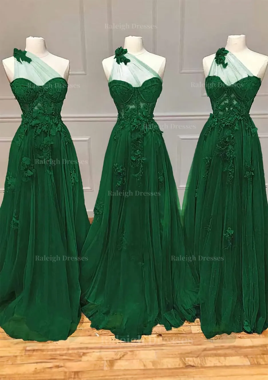 A-line One-Shoulder Sleeveless Long/Floor-Length Tulle Prom Dress with Appliqued Split