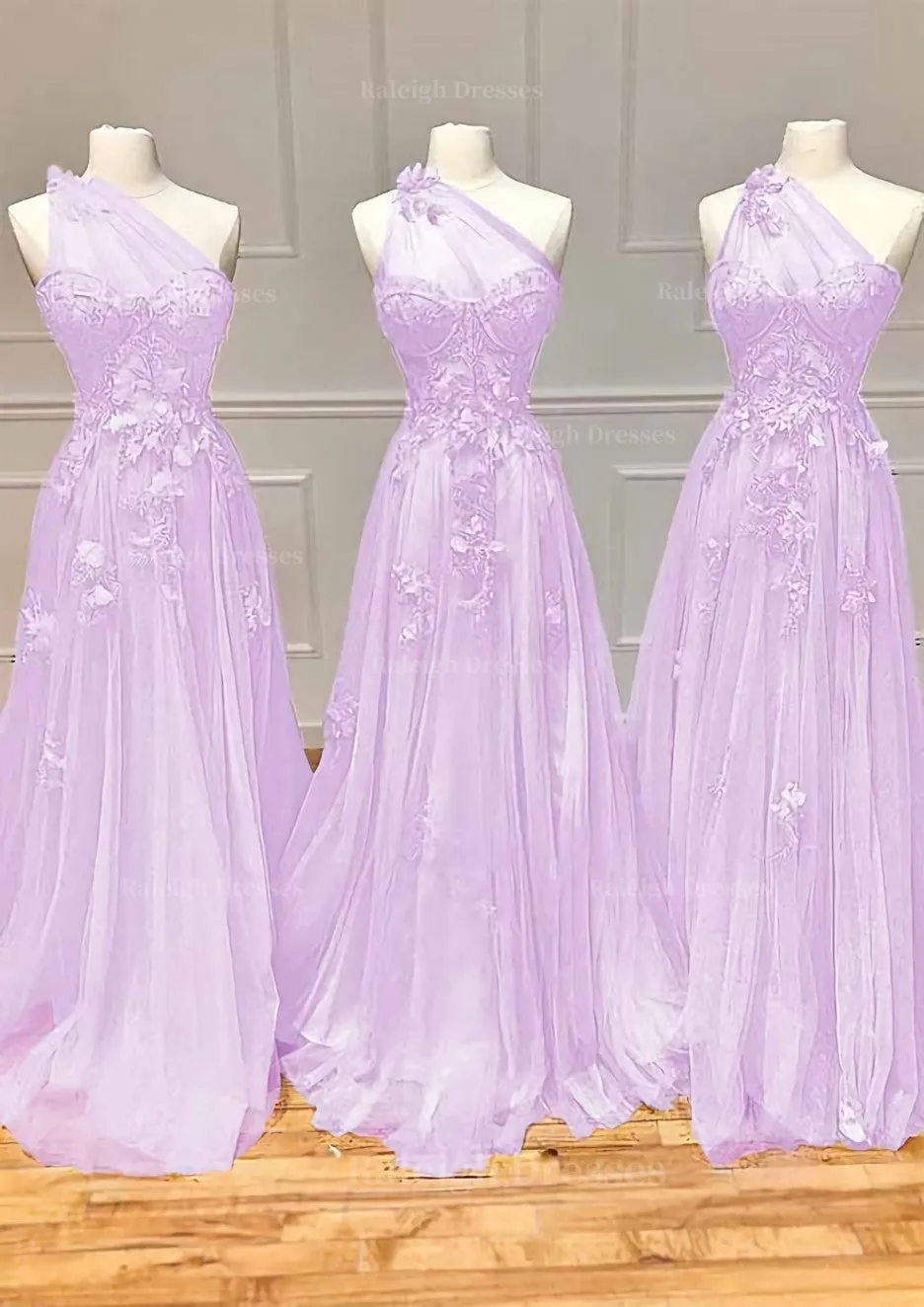 A-line One-Shoulder Sleeveless Long/Floor-Length Tulle Prom Dress with Appliqued Split