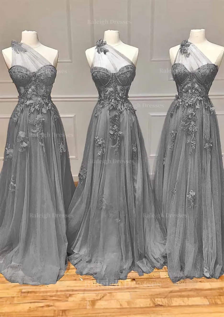 A-line One-Shoulder Sleeveless Long/Floor-Length Tulle Prom Dress with Appliqued Split