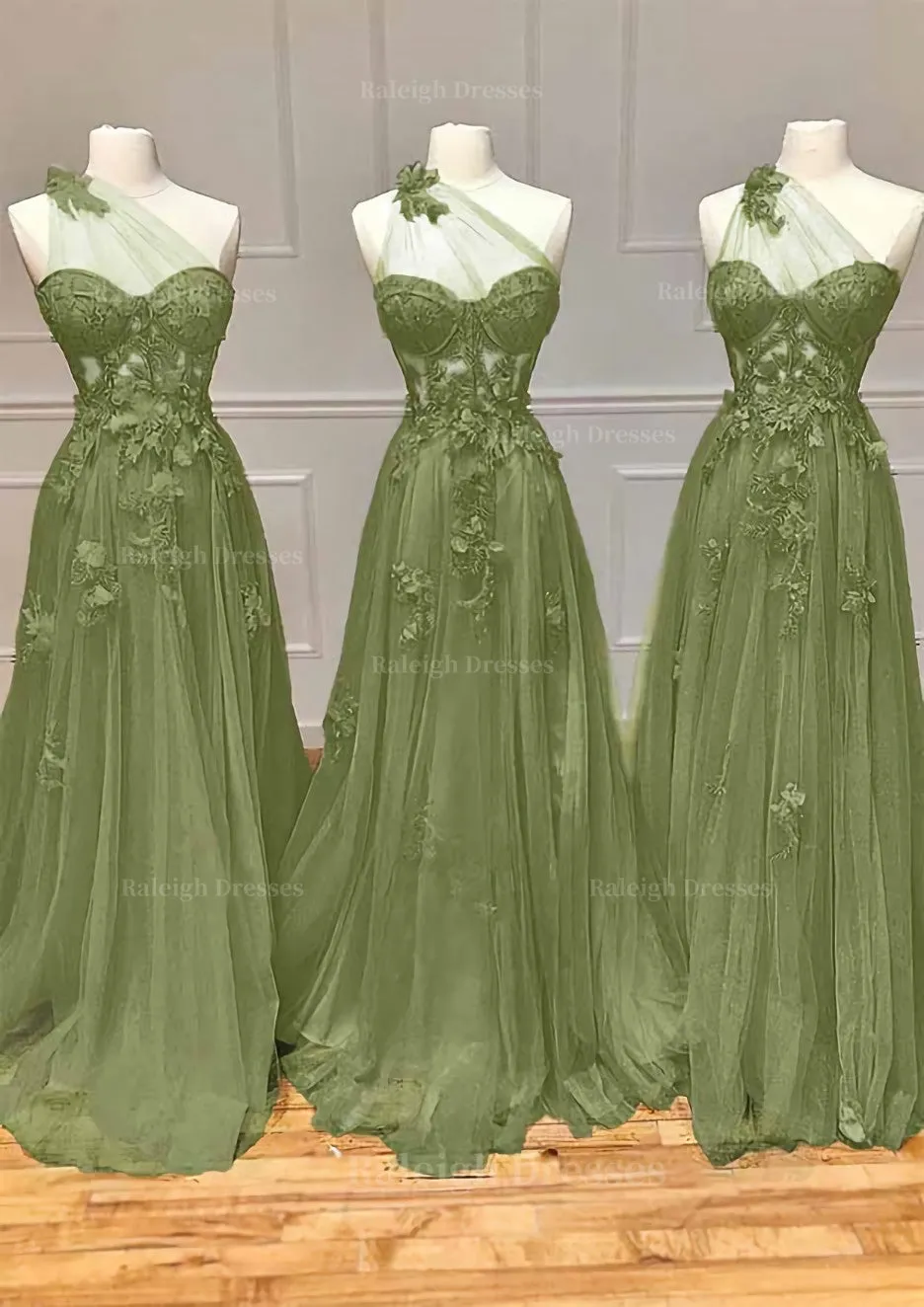 A-line One-Shoulder Sleeveless Long/Floor-Length Tulle Prom Dress with Appliqued Split