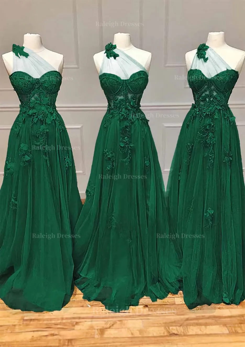 A-line One-Shoulder Sleeveless Long/Floor-Length Tulle Prom Dress with Appliqued Split