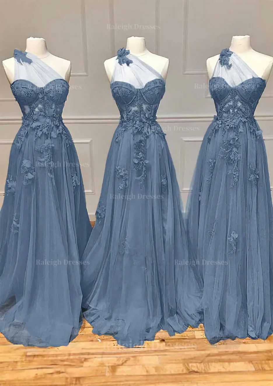 A-line One-Shoulder Sleeveless Long/Floor-Length Tulle Prom Dress with Appliqued Split