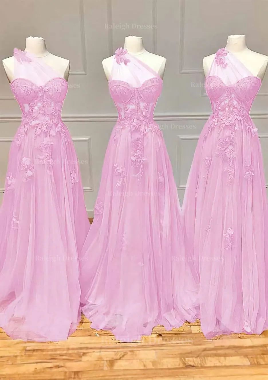 A-line One-Shoulder Sleeveless Long/Floor-Length Tulle Prom Dress with Appliqued Split