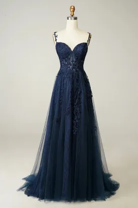 A Line Spaghetti Straps Navy Prom Dress with Appliques