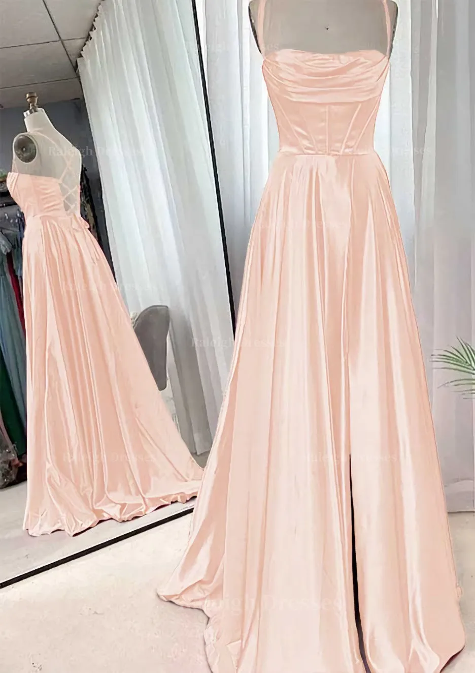 A-line Square Neckline Spaghetti Straps Sweep Train Charmeuse Prom Dress With Pleated