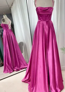 A-line Square Neckline Spaghetti Straps Sweep Train Charmeuse Prom Dress With Pleated