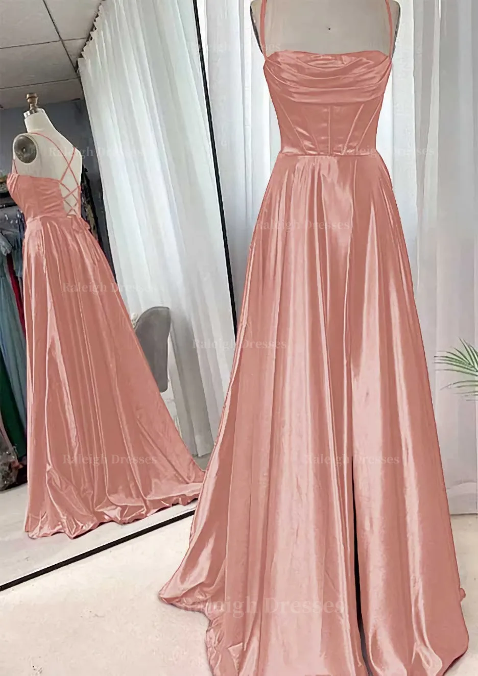 A-line Square Neckline Spaghetti Straps Sweep Train Charmeuse Prom Dress With Pleated