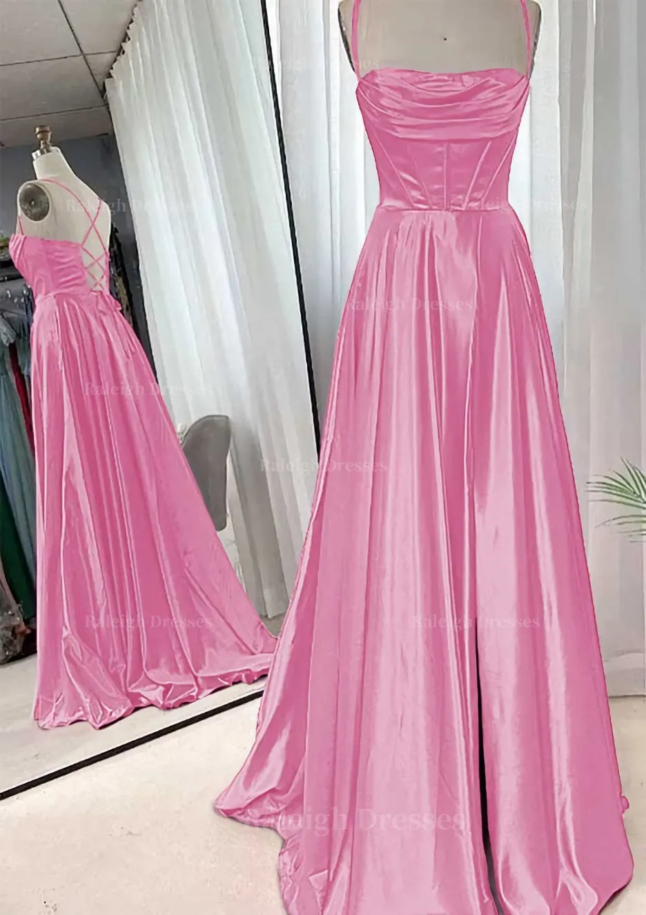 A-line Square Neckline Spaghetti Straps Sweep Train Charmeuse Prom Dress With Pleated