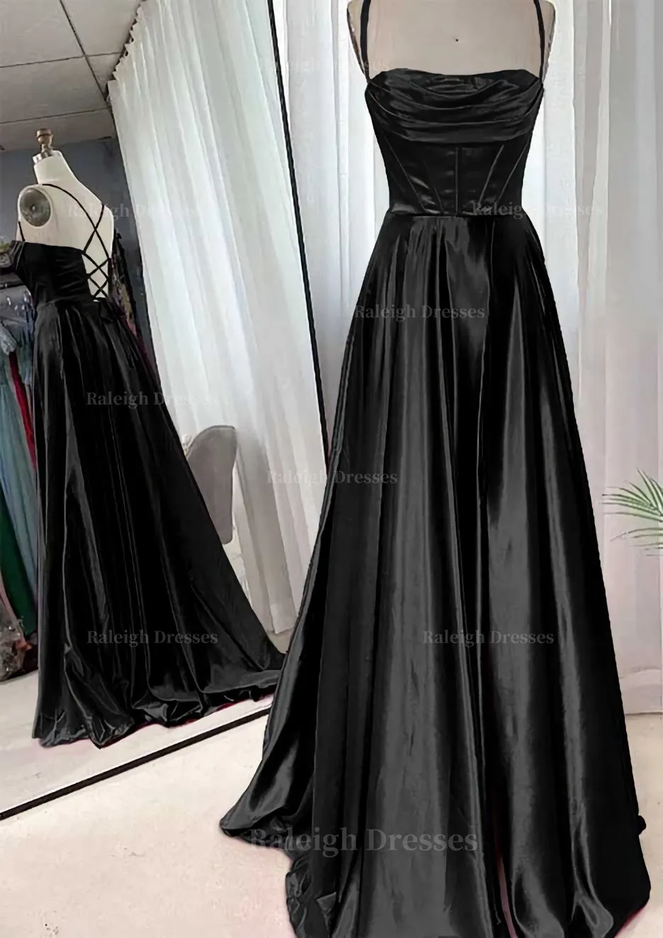 A-line Square Neckline Spaghetti Straps Sweep Train Charmeuse Prom Dress With Pleated