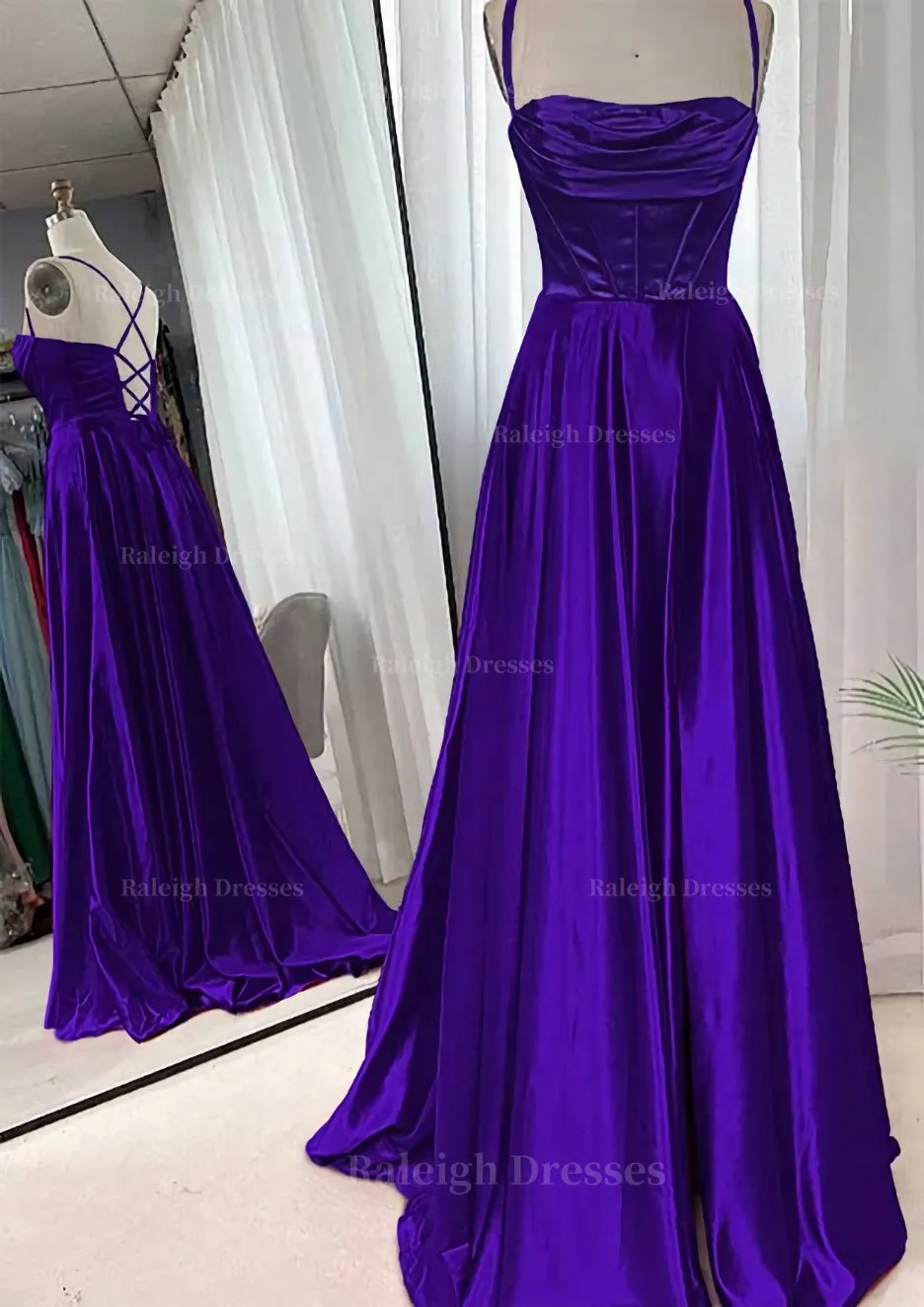 A-line Square Neckline Spaghetti Straps Sweep Train Charmeuse Prom Dress With Pleated