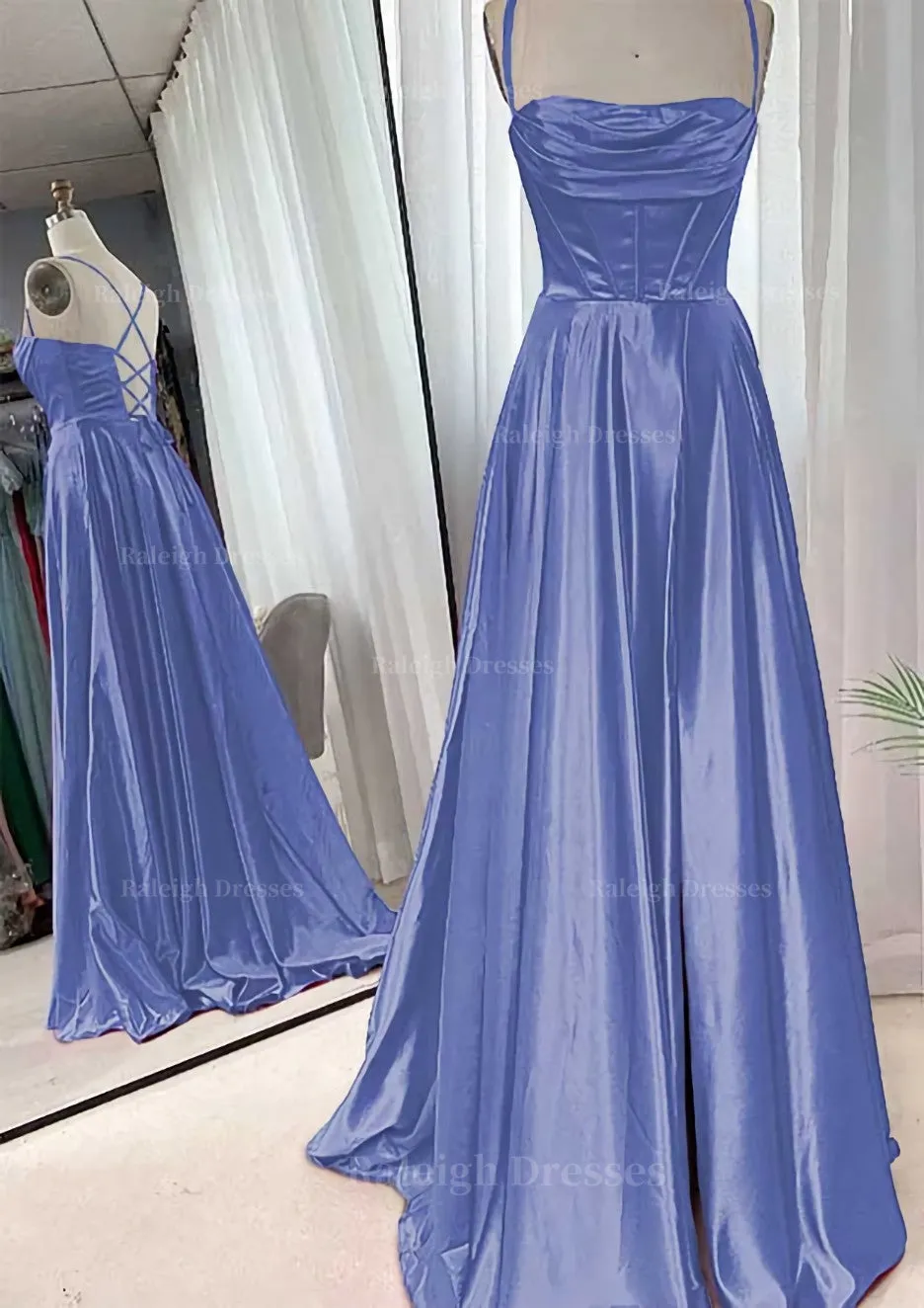 A-line Square Neckline Spaghetti Straps Sweep Train Charmeuse Prom Dress With Pleated