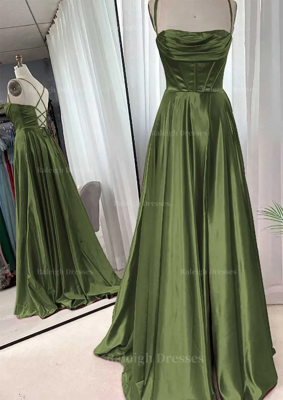 A-line Square Neckline Spaghetti Straps Sweep Train Charmeuse Prom Dress With Pleated