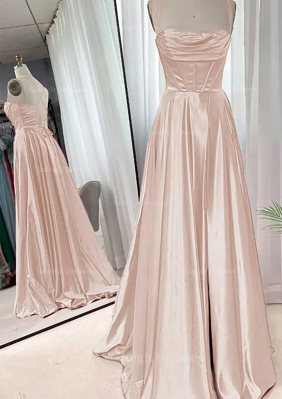 A-line Square Neckline Spaghetti Straps Sweep Train Charmeuse Prom Dress With Pleated