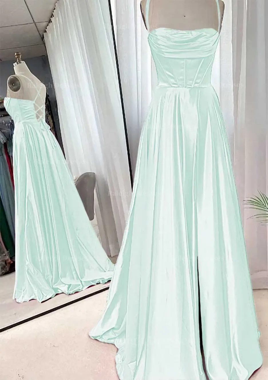 A-line Square Neckline Spaghetti Straps Sweep Train Charmeuse Prom Dress With Pleated