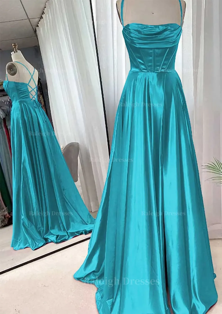 A-line Square Neckline Spaghetti Straps Sweep Train Charmeuse Prom Dress With Pleated