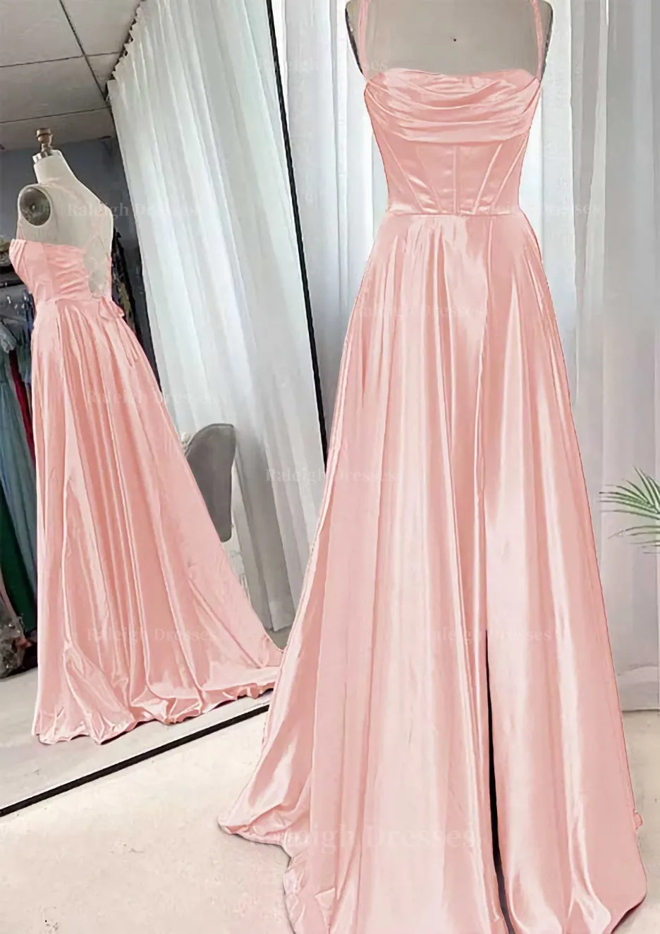 A-line Square Neckline Spaghetti Straps Sweep Train Charmeuse Prom Dress With Pleated