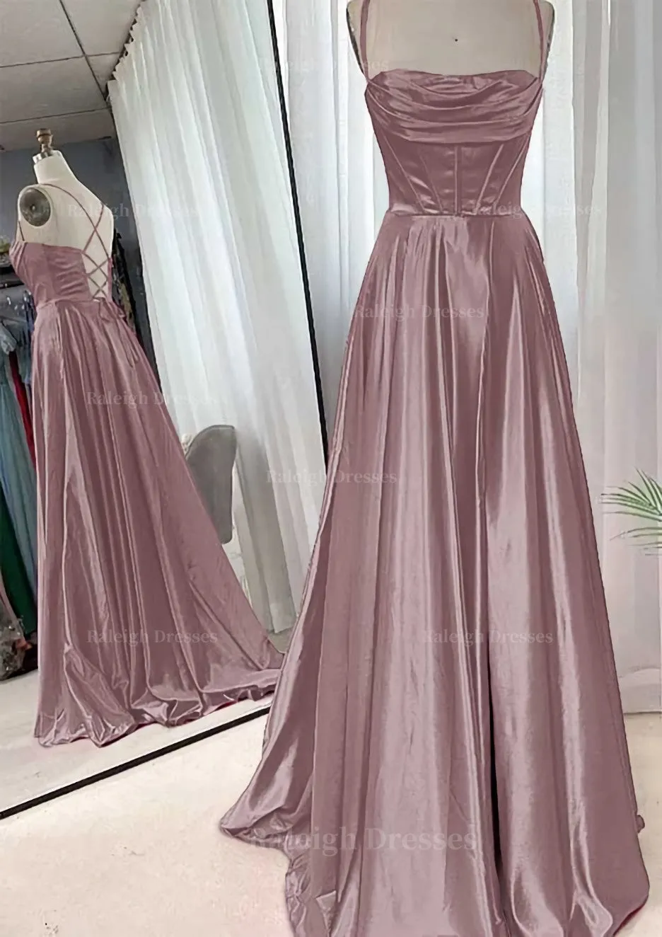 A-line Square Neckline Spaghetti Straps Sweep Train Charmeuse Prom Dress With Pleated